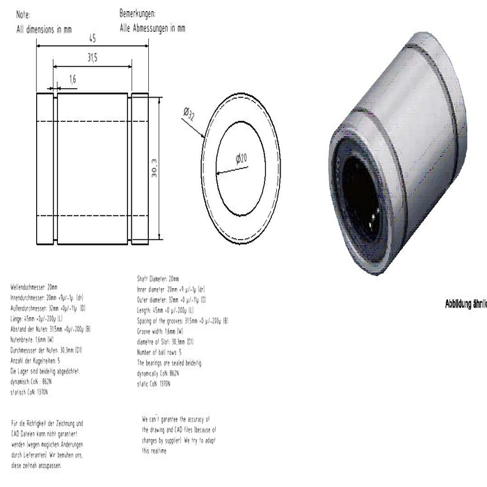 Linear bearing 20mm LME20UU