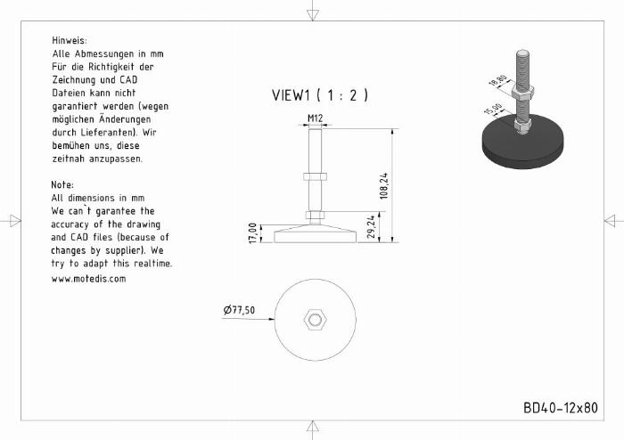 Heavy duty adjustable feet D40 M8 L50
