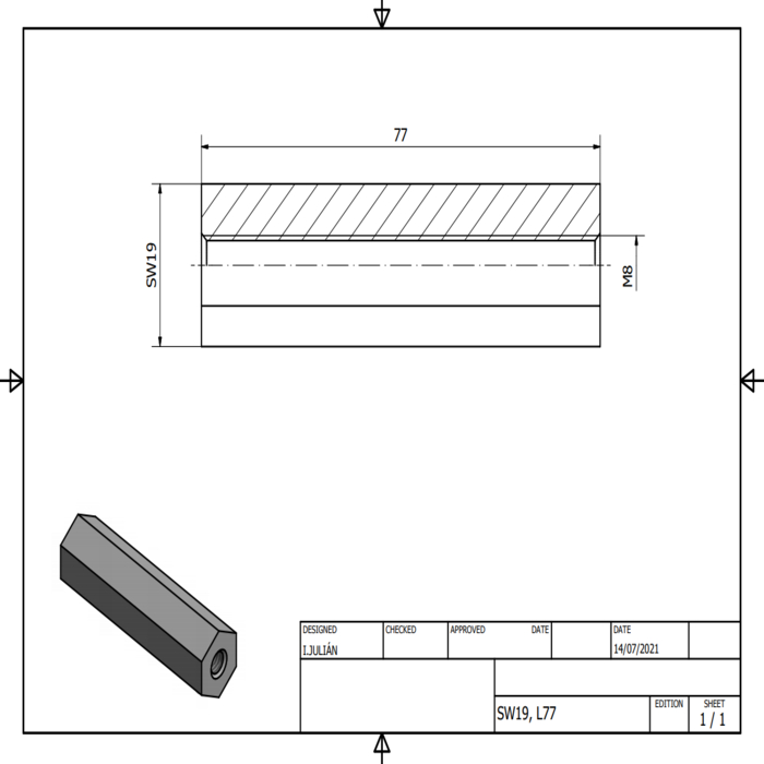 Aluminium hexagon SW19 length 77mm M8 all the way through